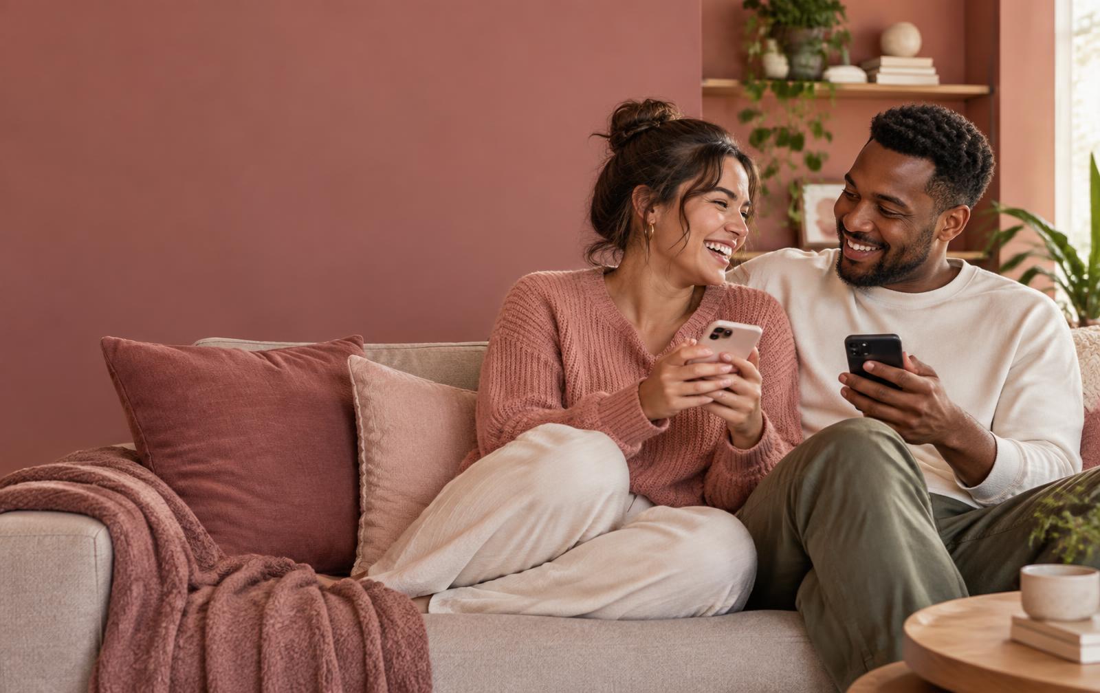 A couple laughing together while comparing answers on their phones